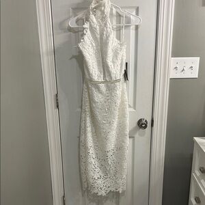 Lulu's Elegant White Lace Midi Dress